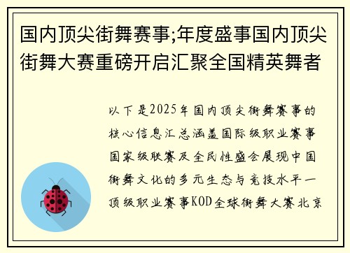 国内顶尖街舞赛事;年度盛事国内顶尖街舞大赛重磅开启汇聚全国精英舞者巅峰对决舞动奇迹